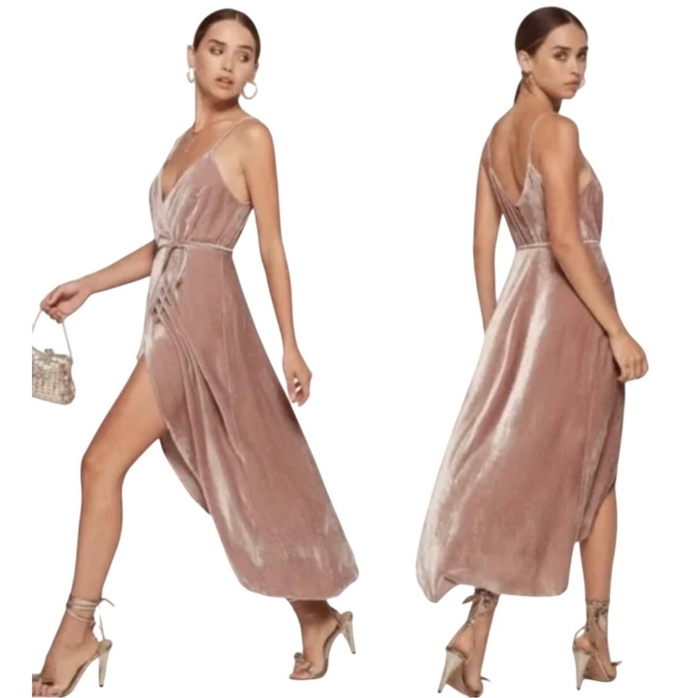 Reformation Anoush Pink Velvet Silk Wrap Dress XS Hi-Low Hem